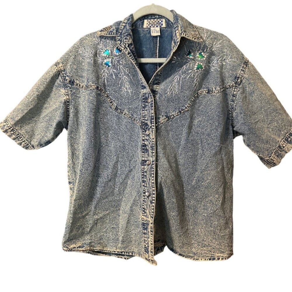 Vintage Pretty Bleu Denim Shirt Large Cotton Button Front Embellished Acid Wash